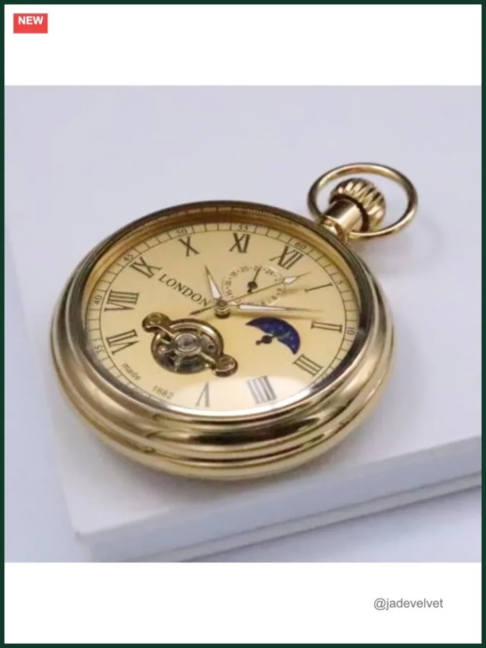 Vintage Mechanical Pocket Watch with Chain, Hand Wind, Moon Phase